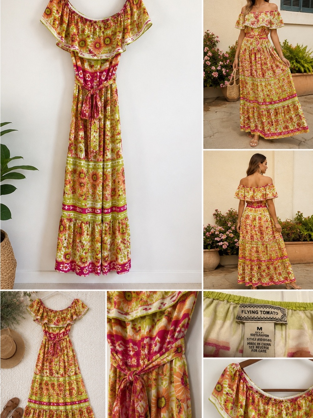 Flying Tomato Boho Floral Off Shoulder Maxi Dress Medium Tropical Resort